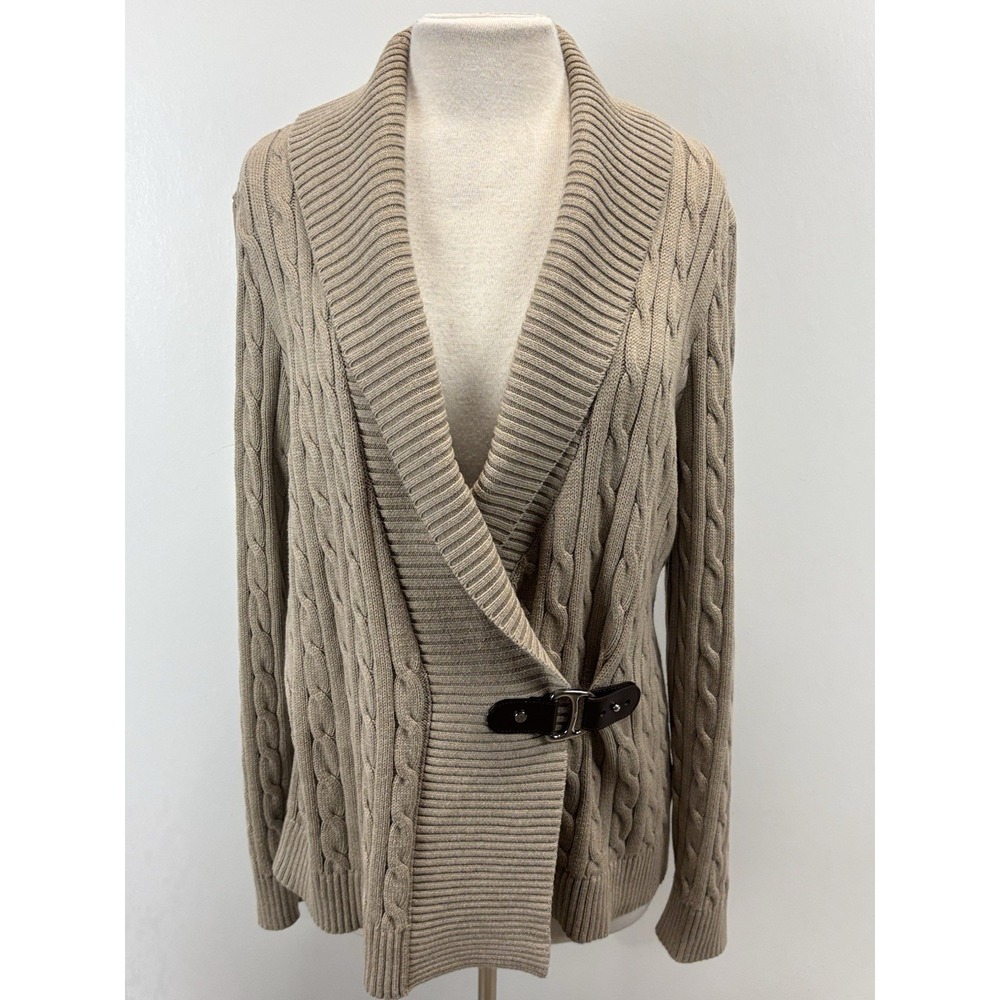 Lauren Ralph Lauren Cableknit Sweater Sz X-Large Women's Tan/grey Buckled Preppy